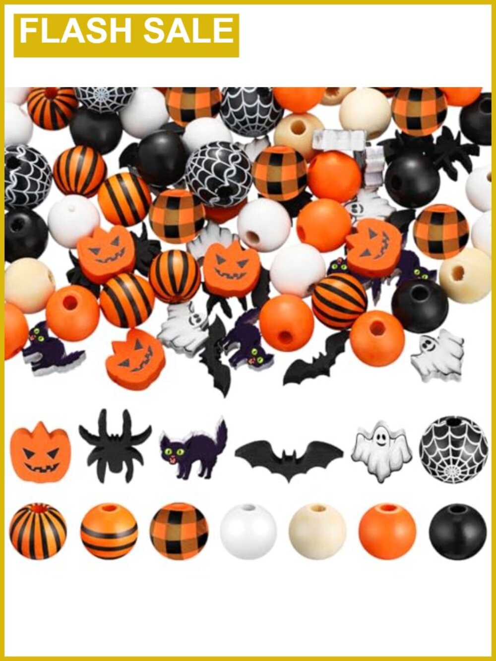 200pc Halloween Wooden Beads Buffalo Plaid Pumpkin Bat DIY Craft